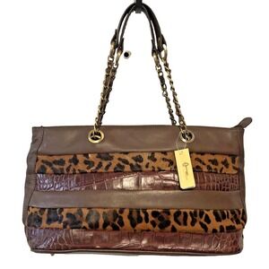 Michael Rome Genuine Leather Hand Bag Animal Print brown large Made Italy NWT